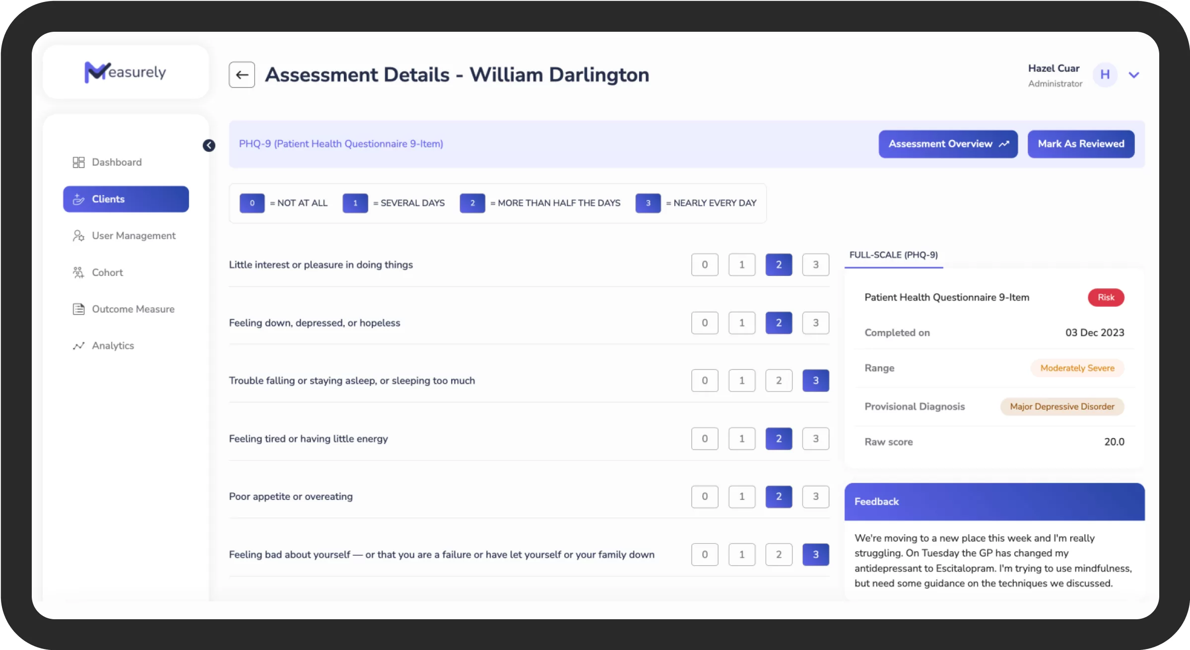 Screenshot of a digital health platform called 'Measurely' displaying an assessment detail page for a patient named William Darlington. The page shows a completed Patient Health Questionnaire-9 (PHQ-9) with selections indicating a moderately severe range and a provisional diagnosis of Major Depressive Disorder. The feedback section includes a personal note about the patient's current life situation and a mention of a change in medication to Escitalopram.